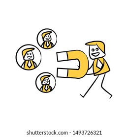 businessman using magnet to attraction and magnetize manpower for recruiting concept yellow stick figure design
