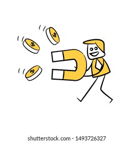 businessman using magnet to attraction and magnetize money yellow stick figure design