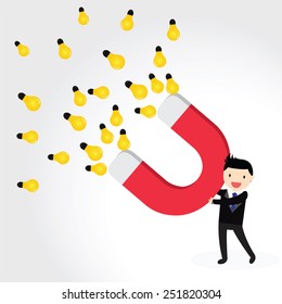 Businessman using magnet to attracts idea. Magnet for business.