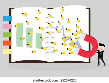 Businessman using magnet to attracts idea from book. Magnet for business.