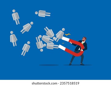 Businessman using magnet to magnetize employee recruitment. Flat vector illustration