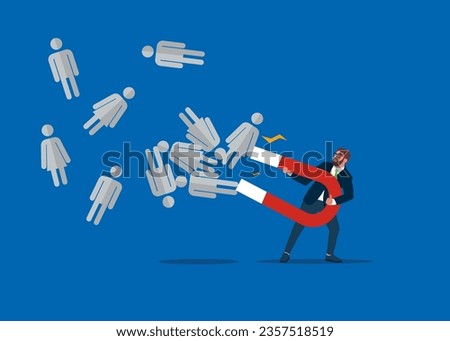 Businessman using magnet to magnetize employee recruitment. Flat vector illustration