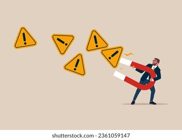 Empresario usando imán para magnetizar el signo de atención de exclamación. Resolver el problema. Ilustración del vector