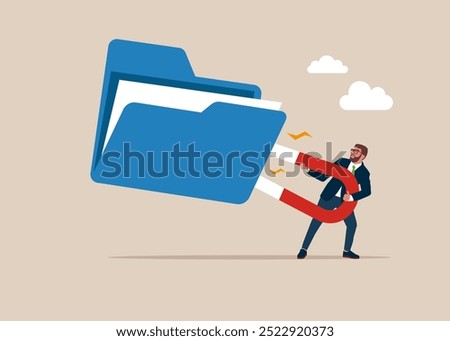 Businessman using magnet to magnetize files folder. Flat vector illustration