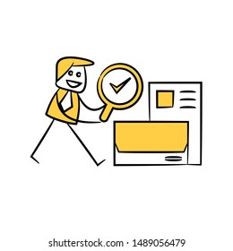 businessman using magnifier check document yellow stick figure design