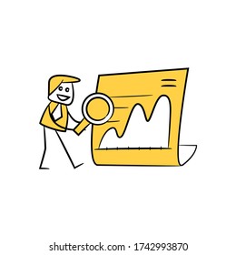 businessman using magnifier glass scanning data report for data analytics concept yellow stick figure theme