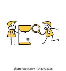 businessman using magnifier scan mail stick figure theme
