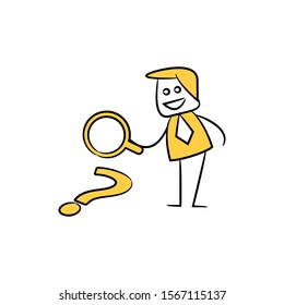 businessman using magnifier scan question mark yellow stick figure