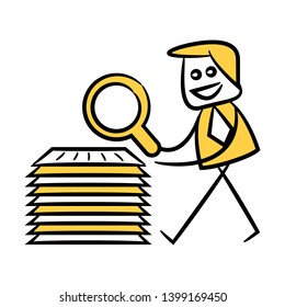 businessman using magnifier scanning document yellow stick figure theme