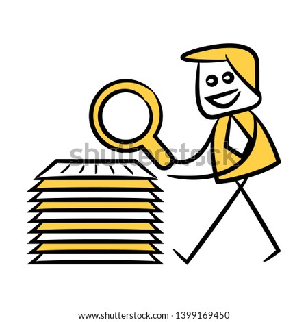 businessman using magnifier scanning document yellow stick figure theme