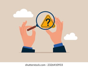 Businessman using magnifying glass to analyze question mark sign.  Problem and root cause analysis, answer for business problem concept. Vector illustration