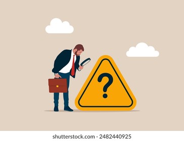 Businessman using magnifying glass to analyze question mark sign. Modern vector illustration in flat style. 