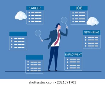 businessman using magnifying glass in both hands searching for new hiring career, Job seeking, search for new career and opportunity, looking for employment and job vacancy concept. 