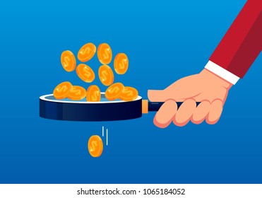 Businessman using magnifying glass to filter gold coins