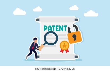 Businessman using magnifying glass to inspect locked patent document illustration of caution in business management including patent and copyright protection
