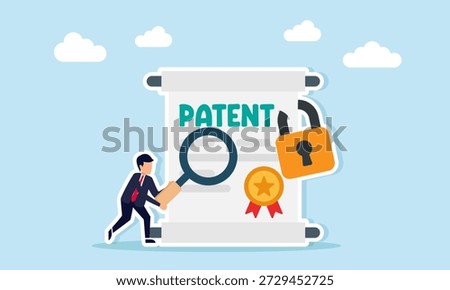 Businessman using magnifying glass to inspect locked patent document illustration of caution in business management including patent and copyright protection