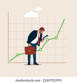 Businessman using magnifying glass look in details on market data. Stock market data analysis. Modern vector illustration in flat sty