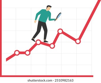 Empresário usando lupa olhar em detalhes sobre dados de mercado. Análise de dados do mercado de ações. Ilustração vetorial moderna em chiado plano

