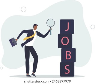 businessman using magnifying glass to looking at stack of boxes with the word Jobs.flat vector illustration.