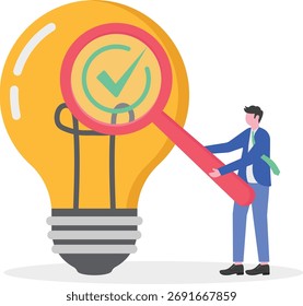 Empresário usando lupa para observar sinal de lista de verificação em uma lâmpada enquanto empresária segura lápis perto da lâmpada,

