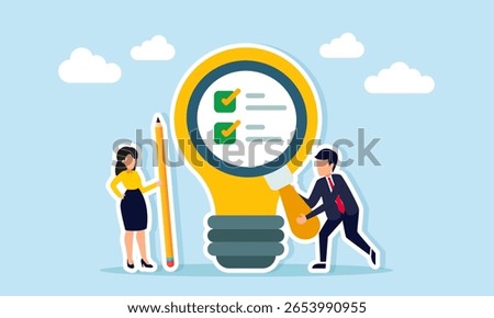 Businessman using magnifying glass to observe checklist sign on a lamp while businesswoman hold pencil near lamp, illustration of brainstorm research for business ideas