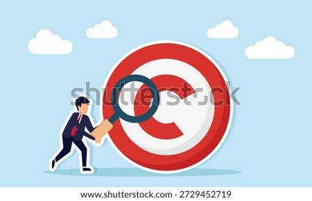 Businessman using magnifying glass to observe target board with letter C illustration of caution in business management including copyright awareness