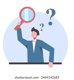 businessman using magnifying glass, observing, analyzing, looking for ideas. suitable for business themes. flat vector illustration.