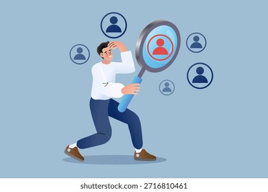 Geschäftsmann mit Lupe, um das einzigartige Kandidatenprofil für den Rekrutierungsprozess zu wählen. Ein Konzept für Personaleinstellung, Headhunting-Strategie und Zielgruppenanalyse.