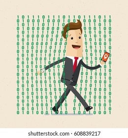 Businessman using map application for navigation on smartphone. Binary code is on foreground. Vector, illustration, flat
