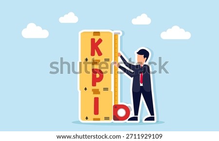 Businessman using a measuring tool to assess the height of KPI stacked boxes illustrating employee performance evaluation based on KPI