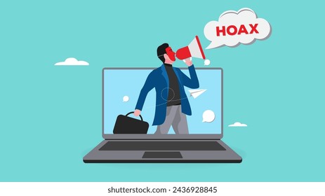 businessman using megaphone conveying fake news or hoax on computer laptop, hoax or fake news illustration, misleading information from social media that creates misunderstandings