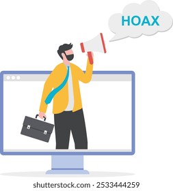 Geschäftsmann mit Megaphon Übertragung gefälschte Nachrichten oder Hoax auf Computer-Laptop, Hoax oder gefälschte Nachrichten Illustration, irreführende Informationen aus sozialen Medien, die Missverständnisse schafft

