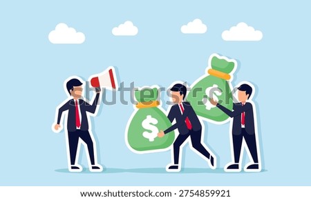 Businessman using a megaphone to give instructions to another businessman carrying a money sack illustration of teamwork in managing company finance