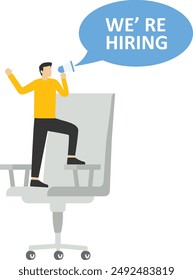 hombre de negocios y hombre de negocios utilizando megáfono con texto que estamos reclutando. Concepto de diseño de reclutamiento empresarial.


