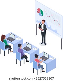 Businessman using microphone giving presentation to office workers sitting at desks analyzing charts on laptops and following the conference, isometric business illustration
