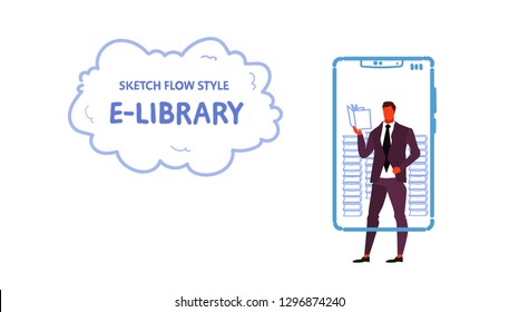 businessman using mobile app e-library concept business man reading ebook media book online library smartphone screen sketch doodle horizontal