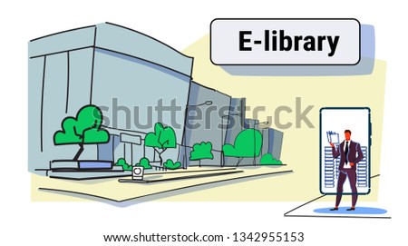 businessman using mobile app e-library concept business man reading book online library smartphone screen cityscape background horizontal full length sketch doodle