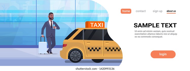 businessman using mobile app ordering taxi on street african american business man with luggage near yellow cab city transportation service concept full length flat horizontal copy space