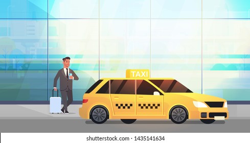 businessman using mobile app ordering taxi on street business man in formal wear with luggage near yellow cab city transportation service concept full length flat horizontal