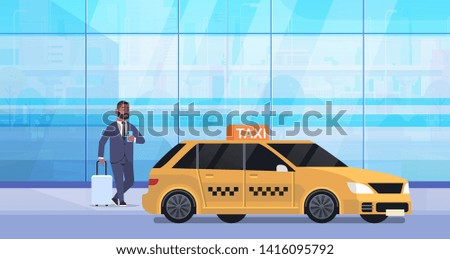 businessman using mobile app ordering taxi on street african american business man in formal wear with luggage near yellow cab city transportation service concept full length flat horizontal