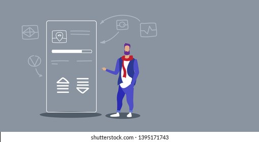 businessman using mobile application car sharing app interface development concept business man touching smartphone screen sketch doodle horizontal