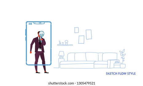 businessman using mobile application holding smiling face emotion instead of head smartphone screen modern living room interior sketch flow style horizontal