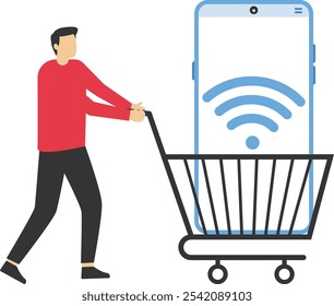 Hombre de negocios que utiliza el App móvil del comercio electrónico con la carretilla grande del Carrito de compras del Iniciar sesión del wifi. Sitio web de comercio electrónico de App o Sitio web fácil de comprar y comprar productos. Ilustración vectorial moderna en estilo plano

