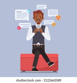 Businessman using mobile phone to comment and chatting on social media applications. people character vector design.