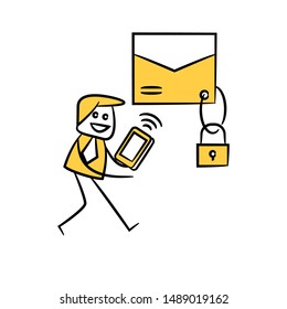 businessman using mobile phone and encryption mail yellow stick figure design