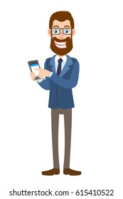 Businessman using mobile phone. Full length portrait of Cartoon Hipster Businessman. Vector illustration in a flat style.