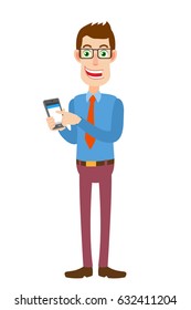Businessman using mobile phone. Full length portrait of Cartoon Businessman Character. Vector illustration in a flat style.