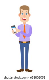 Businessman using mobile phone. Full length portrait of Cartoon Businessman Character. Vector illustration in a flat style.