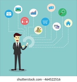 Businessman using mobile phone, Internet mobile infographic concept, vector illustration