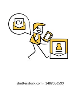 businessman using mobile phone open cv email yellow stick figure design